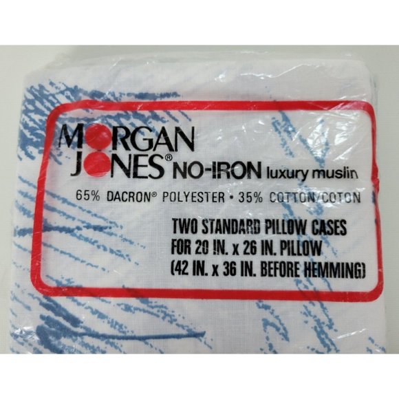 2 Vintage NIP Morgan Jones Muslin Standard Pillow Cases White Blue USA - Picture 2 of 4
